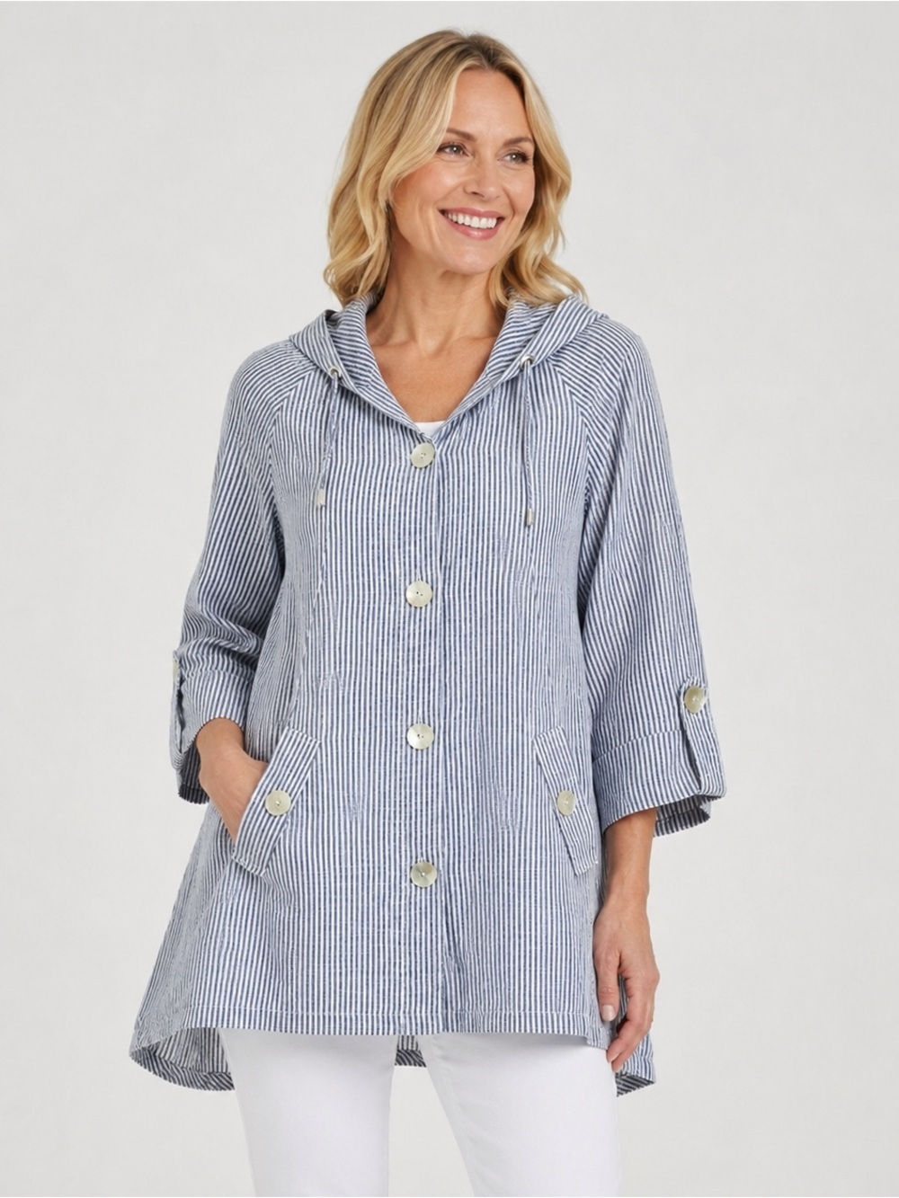 Sigrid Olsen Coastal Hooded Jacket Linen Blend Nautical Stripe Swing Blue L